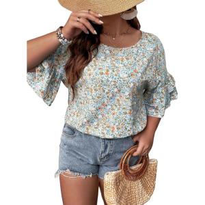 imageSOLY HUX Womens Plus Size Ditsy Floral Print Blouse Ruffle Half Sleeve Summer TopsFloral Multi