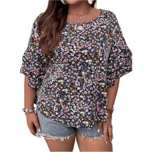 imageSOLY HUX Womens Plus Size Ditsy Floral Print Blouse Ruffle Half Sleeve Summer TopsMulti Ditsy Floral