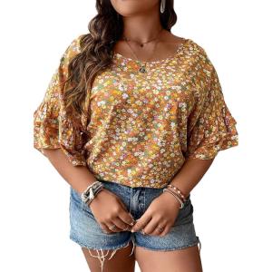 imageSOLY HUX Womens Plus Size Ditsy Floral Print Blouse Ruffle Half Sleeve Summer TopsMustard Yellow Floral