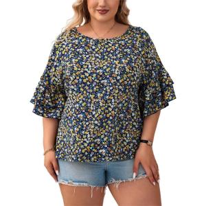 imageSOLY HUX Womens Plus Size Ditsy Floral Print Blouse Ruffle Half Sleeve Summer TopsNavy Blue Floral