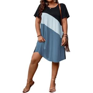 imageSOLY HUX Womens Plus Size Dress Color Block Short Sleeve T Shirt Dress Casual Summer DressesColorblock Blue