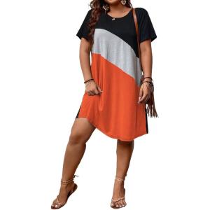 imageSOLY HUX Womens Plus Size Dress Color Block Short Sleeve T Shirt Dress Casual Summer DressesOrange Colorblock