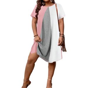 imageSOLY HUX Womens Plus Size Dress Color Block Short Sleeve T Shirt Dress Casual Summer DressesPink and White