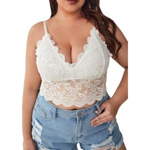 imageSOLY HUX Womens Plus Size Sexy Floral Lace Scalloped Trim Wireless Bra Adjustable Strap V Neck Everyday BralettePlain White