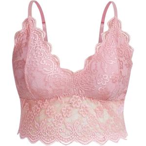 imageSOLY HUX Womens Plus Size Sexy Floral Lace Scalloped Trim Wireless Bra Adjustable Strap V Neck Everyday BralettePure Pink