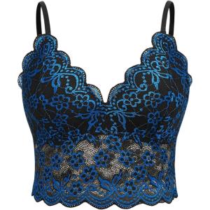 imageSOLY HUX Womens Plus Size Sexy Floral Lace Scalloped Trim Wireless Bra Adjustable Strap V Neck Everyday BraletteRoyal Blue Plain