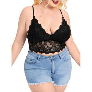 imageSOLY HUX Womens Plus Size Sexy Floral Lace Scalloped Trim Wireless Bra Adjustable Strap V Neck Everyday BraletteSolid Black Lace