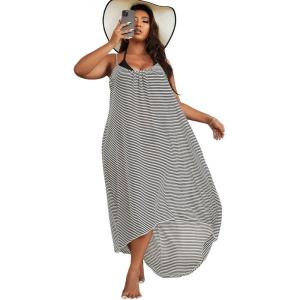 imageSOLY HUX Womens Plus Size Striped Cover Up High Low Hem Beach Bikini Swimsuit Cover Ups DressBlack and White