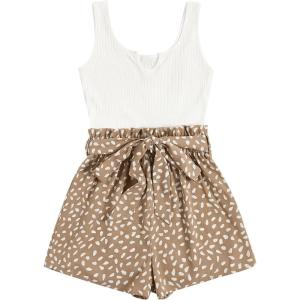 imageSOLY HUX Womens Summer Sleeveless Belted Tank Romper Short JumpsuitApricot Printed