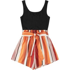 imageSOLY HUX Womens Summer Sleeveless Belted Tank Romper Short JumpsuitBlack Striped