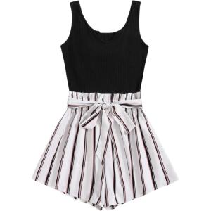 imageSOLY HUX Womens Summer Sleeveless Belted Tank Romper Short JumpsuitBlack White
