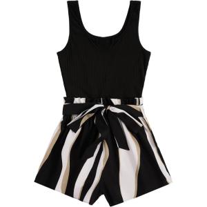 imageSOLY HUX Womens Summer Sleeveless Belted Tank Romper Short JumpsuitBlack and White Stripe