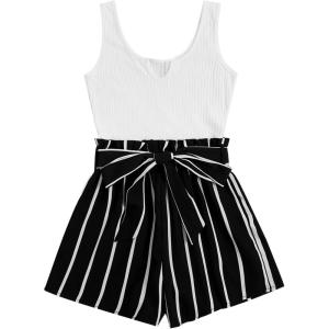 imageSOLY HUX Womens Summer Sleeveless Belted Tank Romper Short JumpsuitBlack and White Striped