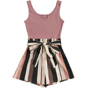 imageSOLY HUX Womens Summer Sleeveless Belted Tank Romper Short JumpsuitDusty Pink Striped