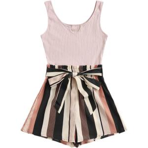 imageSOLY HUX Womens Summer Sleeveless Belted Tank Romper Short JumpsuitPink Striped