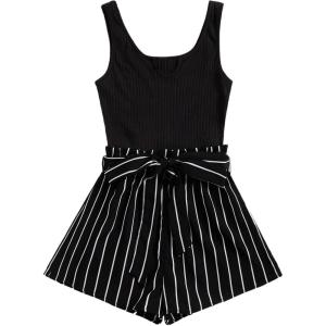 imageSOLY HUX Womens Summer Sleeveless Belted Tank Romper Short JumpsuitStriped Black White