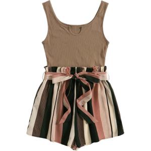 imageSOLY HUX Womens Summer Sleeveless Belted Tank Romper Short JumpsuitStriped Brown
