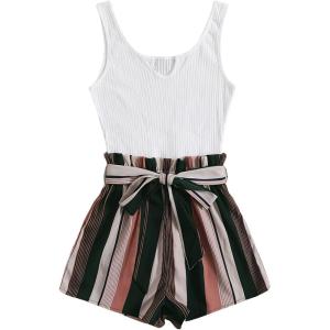 imageSOLY HUX Womens Summer Sleeveless Belted Tank Romper Short JumpsuitStriped White