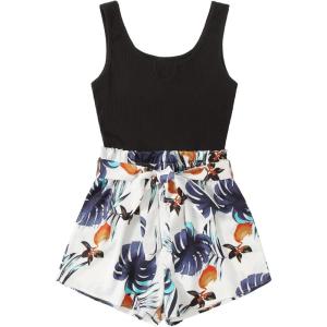 imageSOLY HUX Womens Summer Sleeveless Belted Tank Romper Short JumpsuitTropical Print Multi