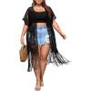 imageSOLY HUX Womens Plus Size Lace Sheer Fringe Trim Cover Up Dress Short Sleeve Open Front Kimono CardigansPure Black