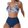 imageSOLY HUX Womens Plus Size Printed Halter Ruched High Waisted Bikini Set 2 Piece Swimsuit Bathing SuitsDark Blue Tropical