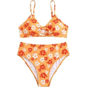 imageSOLY HUX Girls Ditsy Floral Print Bikini Swimsuit Ruffle Trim 2 Piece Bathing Suit BeachwearOrange Floral