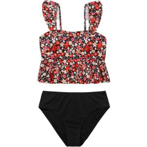 imageSOLY HUX Girls Floral Swimsuit 2 Piece Tankini Set Cute Ruffle Bathing Suits Summer Beachwear Black Red Floral 9 Years