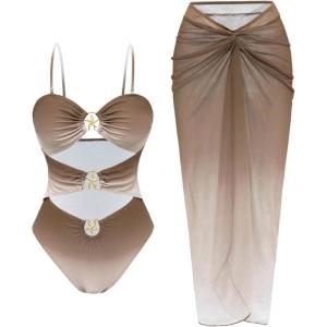 imageSOLY HUX Womens One Piece Swimsuit Cut Out Bathing Suit with Twist Beach Cover Up SkirtMulticoloured Gradient