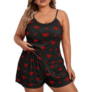 imageSOLY HUX Womens Plus Size Cute Cartoon Print Pajama Set Cami Top and Shorts Lounge SleepwearBlack Heart