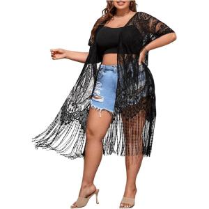 imageSOLY HUX Womens Plus Size Lace Sheer Fringe Trim Cover Up Dress Short Sleeve Open Front Kimono CardigansPure Black