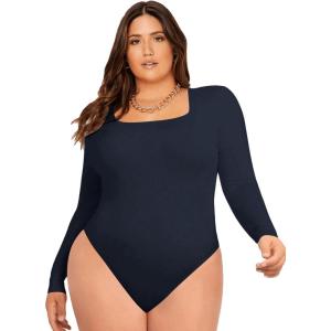 imageSOLY HUX Womens Plus Size Long Sleeve Bodysuit Square Neck Jumpsuit T Shirt Casual Basic Fitted TopsDark Blue