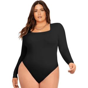 imageSOLY HUX Womens Plus Size Long Sleeve Bodysuit Square Neck Jumpsuit T Shirt Casual Basic Fitted TopsPlain Black