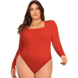 imageSOLY HUX Womens Plus Size Long Sleeve Bodysuit Square Neck Jumpsuit T Shirt Casual Basic Fitted TopsPlain Red