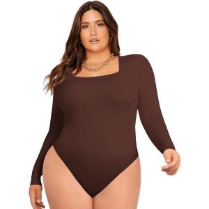 imageSOLY HUX Womens Plus Size Long Sleeve Bodysuit Square Neck Jumpsuit T Shirt Casual Basic Fitted TopsPure Brown