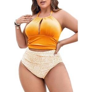 imageSOLY HUX Womens Plus Size Printed Halter Ruched High Waisted Bikini Set 2 Piece Swimsuit Bathing SuitsOrange Print