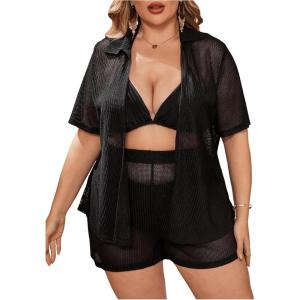 imageSOLY HUX Womens Plus Size Swim Coverups Sheer Shirt and Shorts Bikini Swimsuits Cover Up 2 Piece Set BeachwearSolid Black