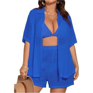 imageSOLY HUX Womens Plus Size Swim Coverups Sheer Shirt and Shorts Bikini Swimsuits Cover Up 2 Piece Set BeachwearSolid Blue
