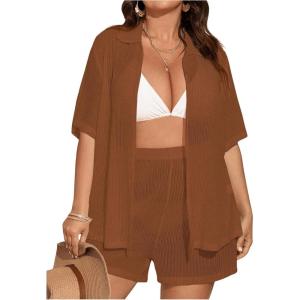 imageSOLY HUX Womens Plus Size Swim Coverups Sheer Shirt and Shorts Bikini Swimsuits Cover Up 2 Piece Set BeachwearSolid Brown
