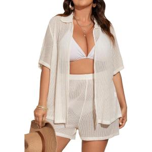 imageSOLY HUX Womens Plus Size Swim Coverups Sheer Shirt and Shorts Bikini Swimsuits Cover Up 2 Piece Set BeachwearSolid White