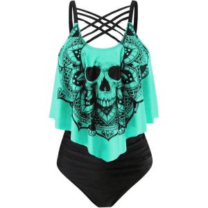 imageSOLY HUX Womens Plus Size Swimsuit Skull Print Criss Cross Ruffle Bikini Tankini Two Piece Bathing SuitMulti Skull