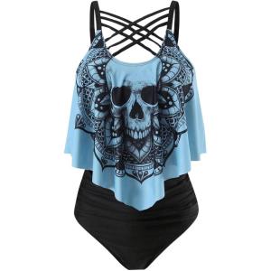 imageSOLY HUX Womens Plus Size Swimsuit Skull Print Criss Cross Ruffle Bikini Tankini Two Piece Bathing SuitMulticoloured Skull