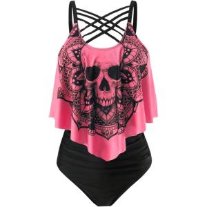 imageSOLY HUX Womens Plus Size Swimsuit Skull Print Criss Cross Ruffle Bikini Tankini Two Piece Bathing SuitPink Skull
