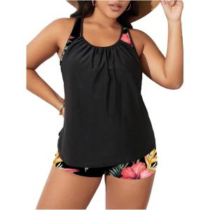 imageSOLY HUX Womens Plus Size Tankini Set Floral Tropical Print Tops and Shorts Bikini Bathing Suits 2 Piece SwimsuitBlack Floral Print