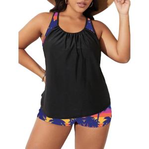 imageSOLY HUX Womens Plus Size Tankini Set Floral Tropical Print Tops and Shorts Bikini Bathing Suits 2 Piece SwimsuitBlue Tropical