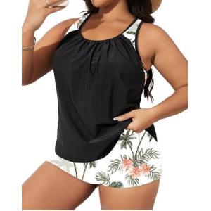 imageSOLY HUX Womens Plus Size Tankini Set Floral Tropical Print Tops and Shorts Bikini Bathing Suits 2 Piece SwimsuitWhite Floral
