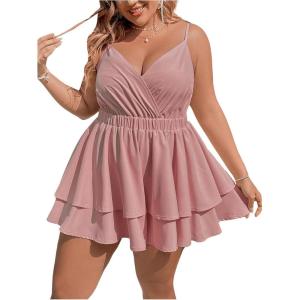imageSOLY HUX Womens Plus Size V Neck Wrap Cami Romper Layered Ruffle Hem Short Jumpsuit OutfitsDusty Pink Plain