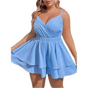 imageSOLY HUX Womens Plus Size V Neck Wrap Cami Romper Layered Ruffle Hem Short Jumpsuit OutfitsPlain Light Blue