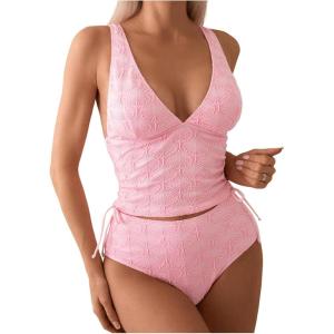 imageSOLY HUX Womens Swimsuit Set Deep V Neck Tankini Sets 2 Piece High Waisted Modest Bathing Suits BeachwearPure Pink