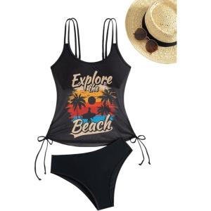 imageSOLY HUX Womens Tankini Set Tropical Print Tankini Swimsuit Sets 2 Piece Bathing Suits SwimwearBlack Graphic