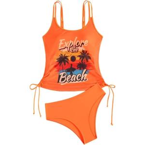 imageSOLY HUX Womens Tankini Set Tropical Print Tankini Swimsuit Sets 2 Piece Bathing Suits SwimwearOrange Graphic